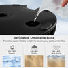 Refillable black umbrella base with shell texture, holds 28 lbs water or 42 lbs sand, designed for 6-10 ft patio.