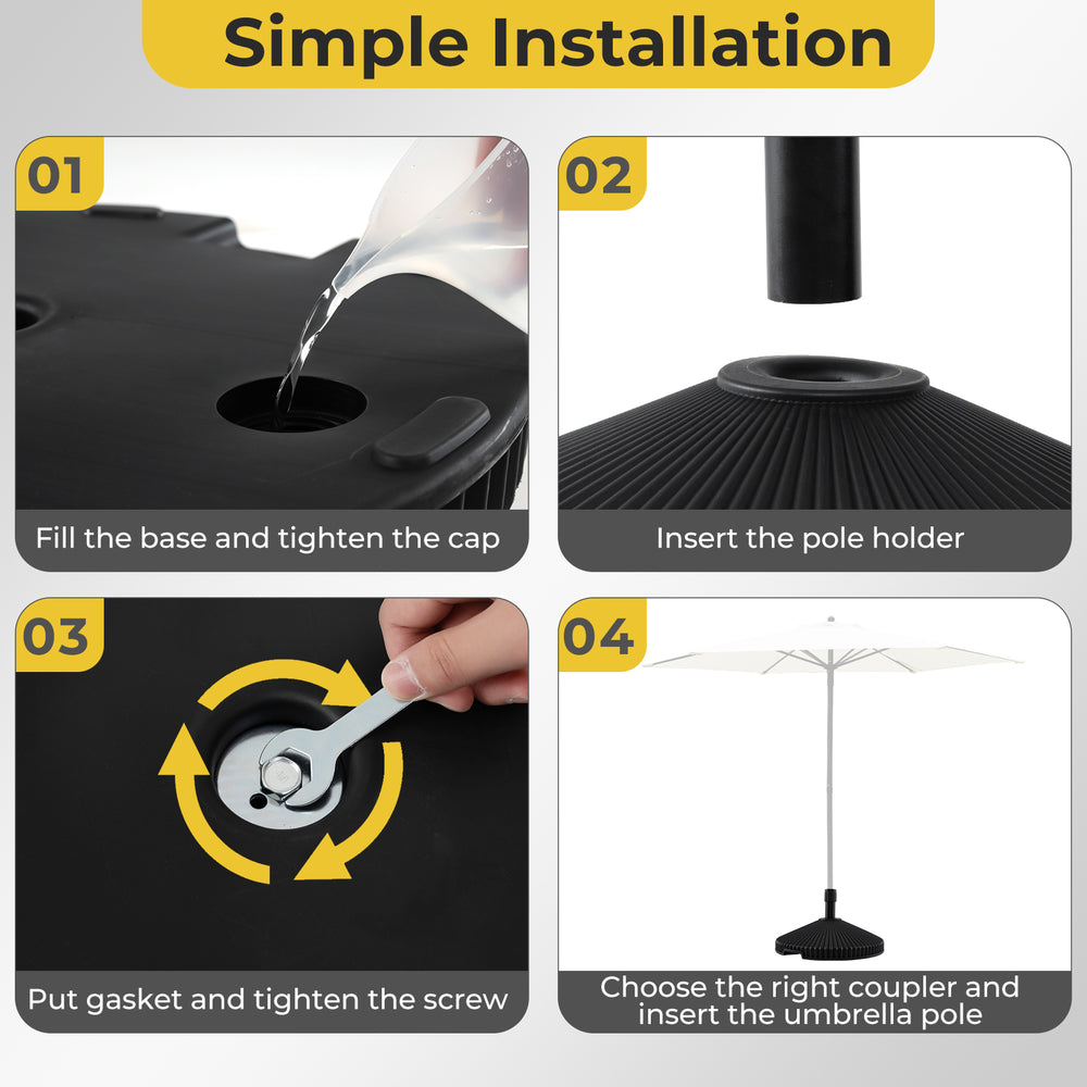 Water and sand filled outdoor umbrella stand in black with shell texture, featuring simple installation steps for.