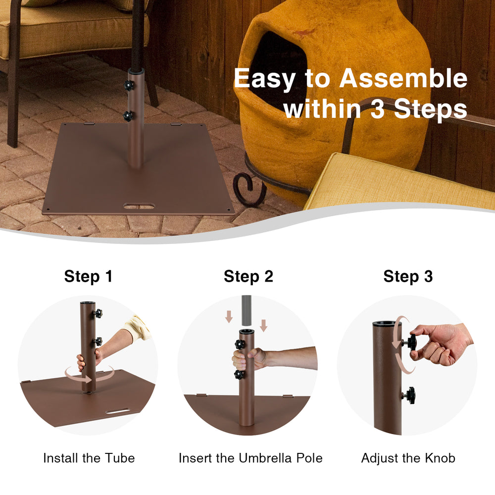 24-inch square patio umbrella base with 50 lbs weight, featuring wheels and adjustable knobs for secure support.