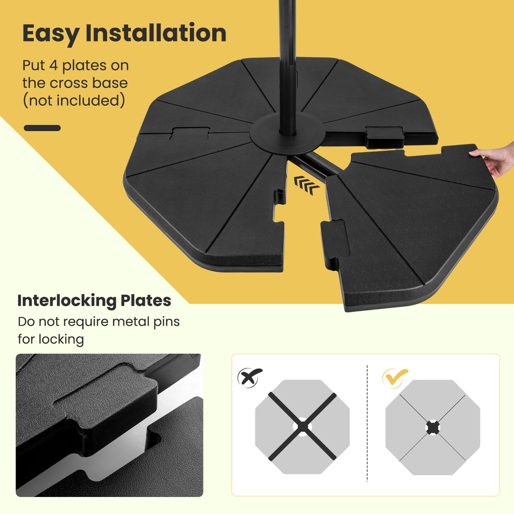 4-piece fillable umbrella base stand with interlocking plates for easy installation and enhanced stability for outdoor.
