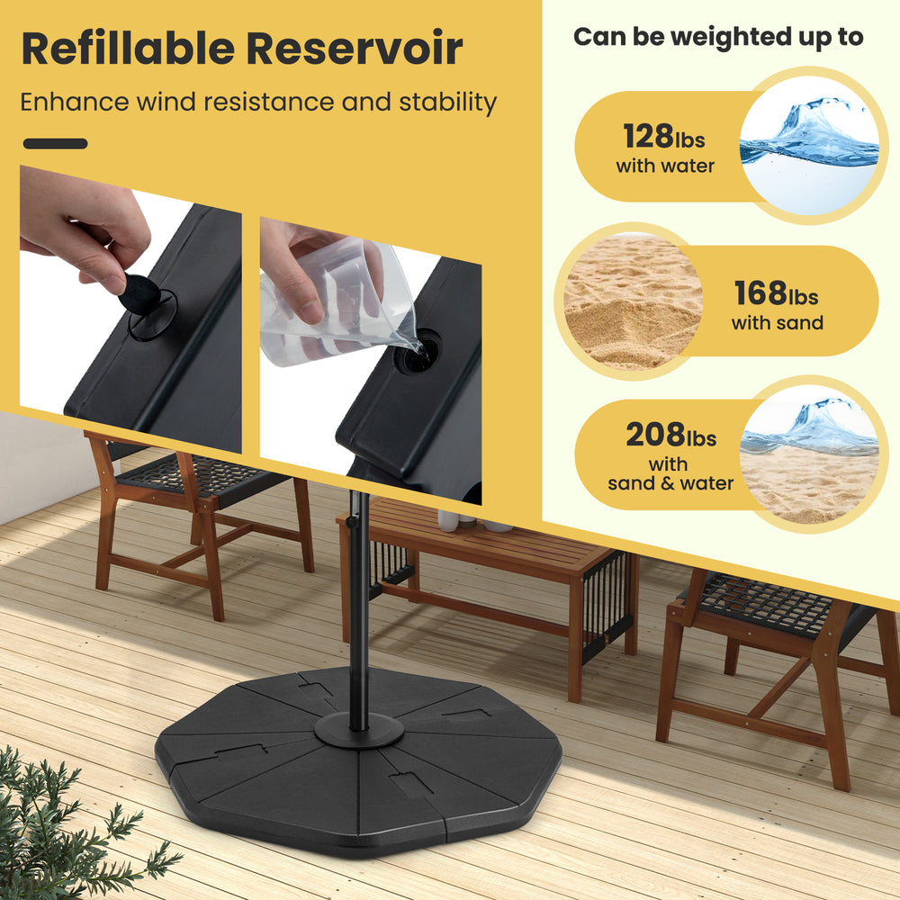 4-piece fillable umbrella base stand with refillable reservoirs for enhanced stability, suitable for patio and garden.