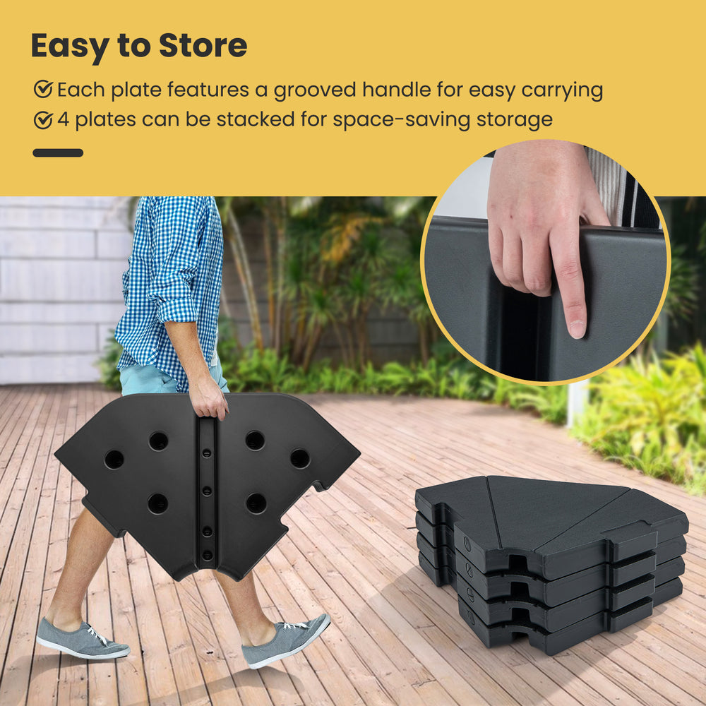 4-piece fillable umbrella base stand with grooved handles, stackable design for easy storage, ideal for patio use.