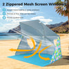Beach umbrella tent with zippered mesh windows, offering UPF50+ sun protection and easy setup for outdoor activities.