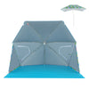 Blue UPF50+ beach umbrella tent with pop-up design, featuring zippered mesh windows for ventilation and included.