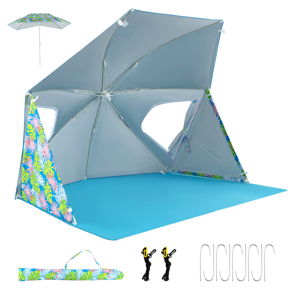 Portable UPF50+ beach umbrella tent in blue with pop-up design, zippered mesh windows, and included carrying bag.