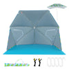Beach umbrella tent in blue with pop-up design, 7.6 x 7 ft size, includes carrying bag and 9 metal stakes for stability.