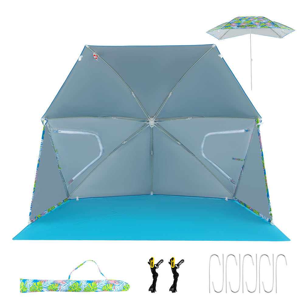 Beach umbrella tent in blue with pop-up design, 7.6 x 7 ft size, includes carrying bag and 9 metal stakes for stability.
