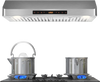 Under cabinet range hood with stainless steel finish, 900 CFM airflow, and dual pots steaming on a gas stove.