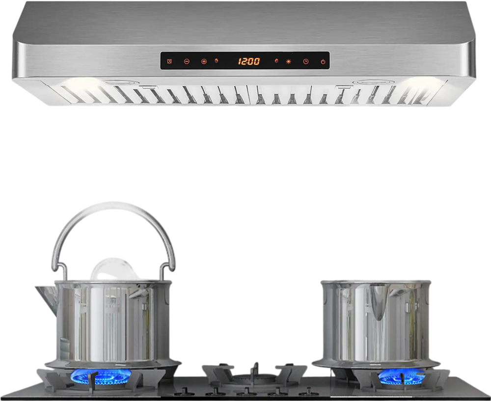 Under cabinet range hood with stainless steel finish, 900 CFM airflow, and dual pots steaming on a gas stove.