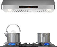 Under cabinet range hood with stainless steel finish, 900 CFM airflow, and dual pots steaming on a gas stove.