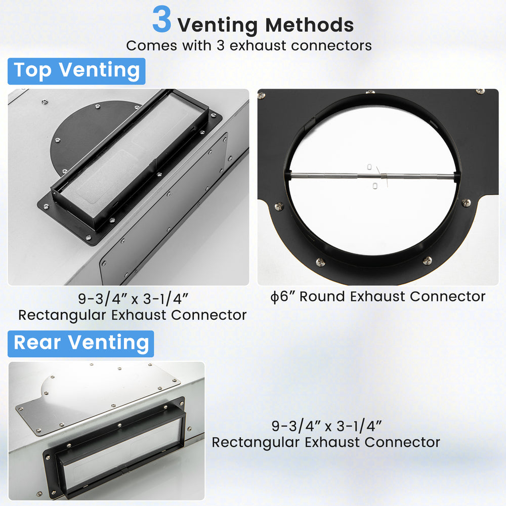 Top and rear venting options for the 35.5/29.5 Inch Under Cabinet Range Hood with 900 CFM airflow and exhaust.