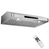 Under cabinet range hood with stainless steel finish, 900 CFM airflow, remote control, and built-in LED lights for.