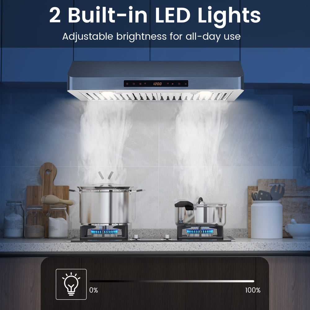 Under cabinet range hood with 2 built-in LED lights, 900 CFM airflow, and 4 fan speeds for efficient kitchen.