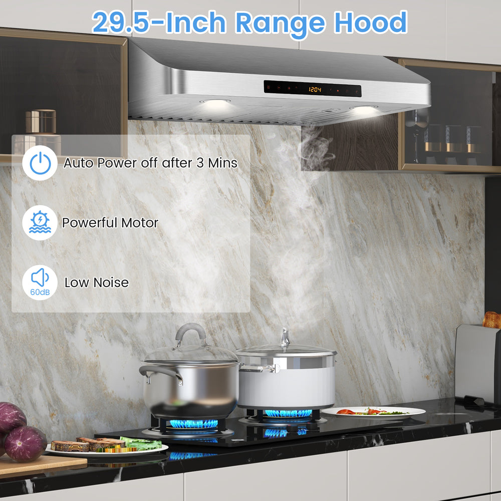 29.5-inch under cabinet range hood with stainless steel finish, 900 CFM airflow, and low-noise operation for efficient.
