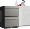 24-inch silver under counter dual drawer fridge with two spacious drawers for drinks, featuring a sleek design and.