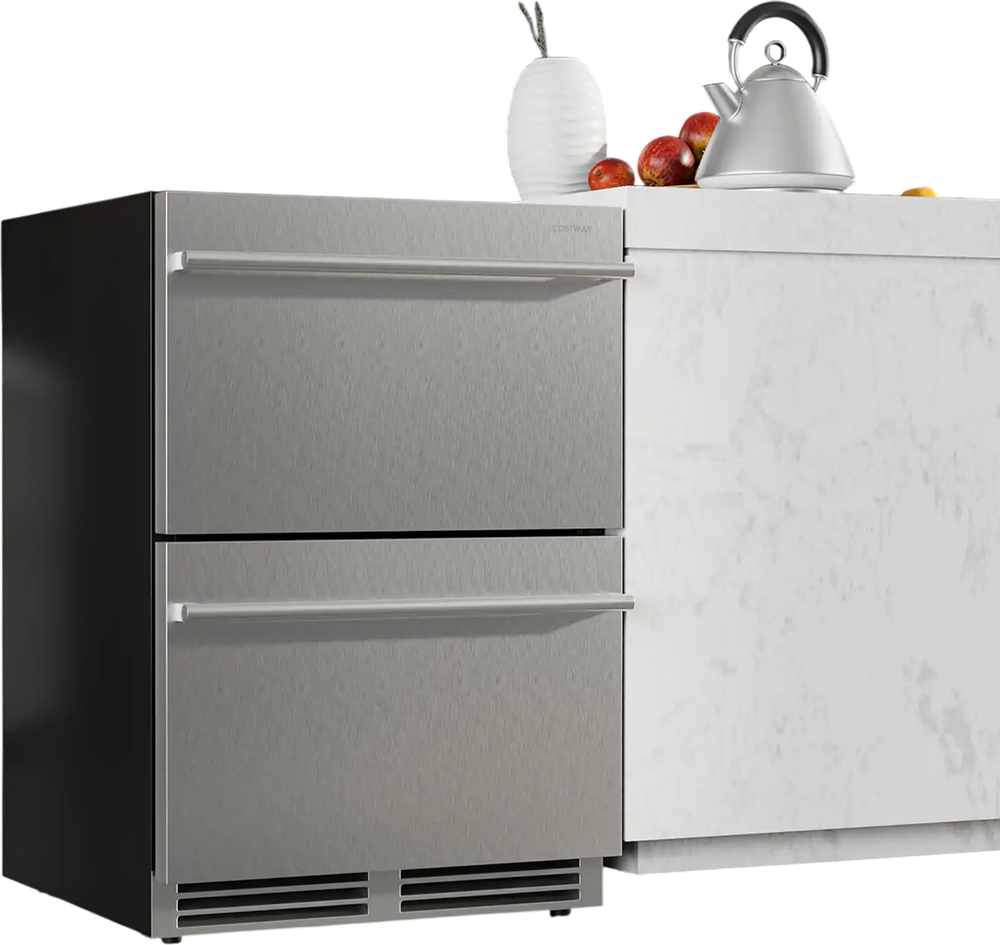 24-inch silver under counter dual drawer fridge with two spacious drawers for drinks, featuring a sleek design and.