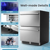 24-inch under counter dual drawer fridge in silver with LED light, adjustable foot pads, and front heat vents for easy.