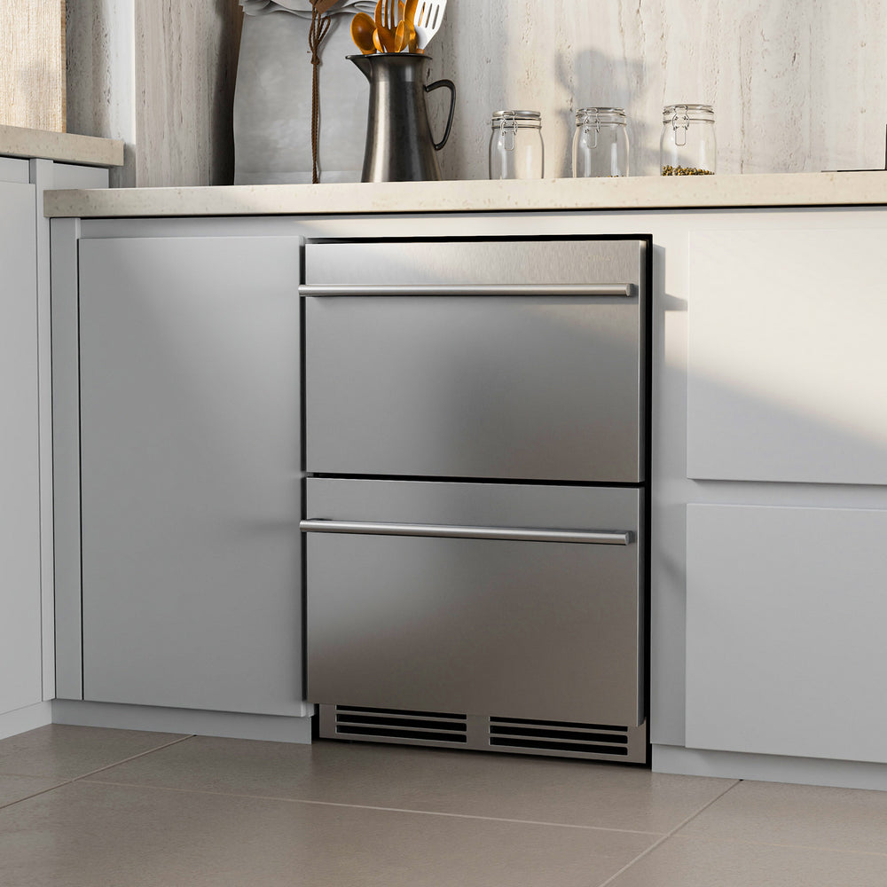 24-inch under counter dual drawer fridge in silver with two spacious drawers for drinks and customizable storage.