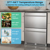 24-inch under counter dual drawer fridge in silver with customizable 37℉-64℉ temperature range for beverages.