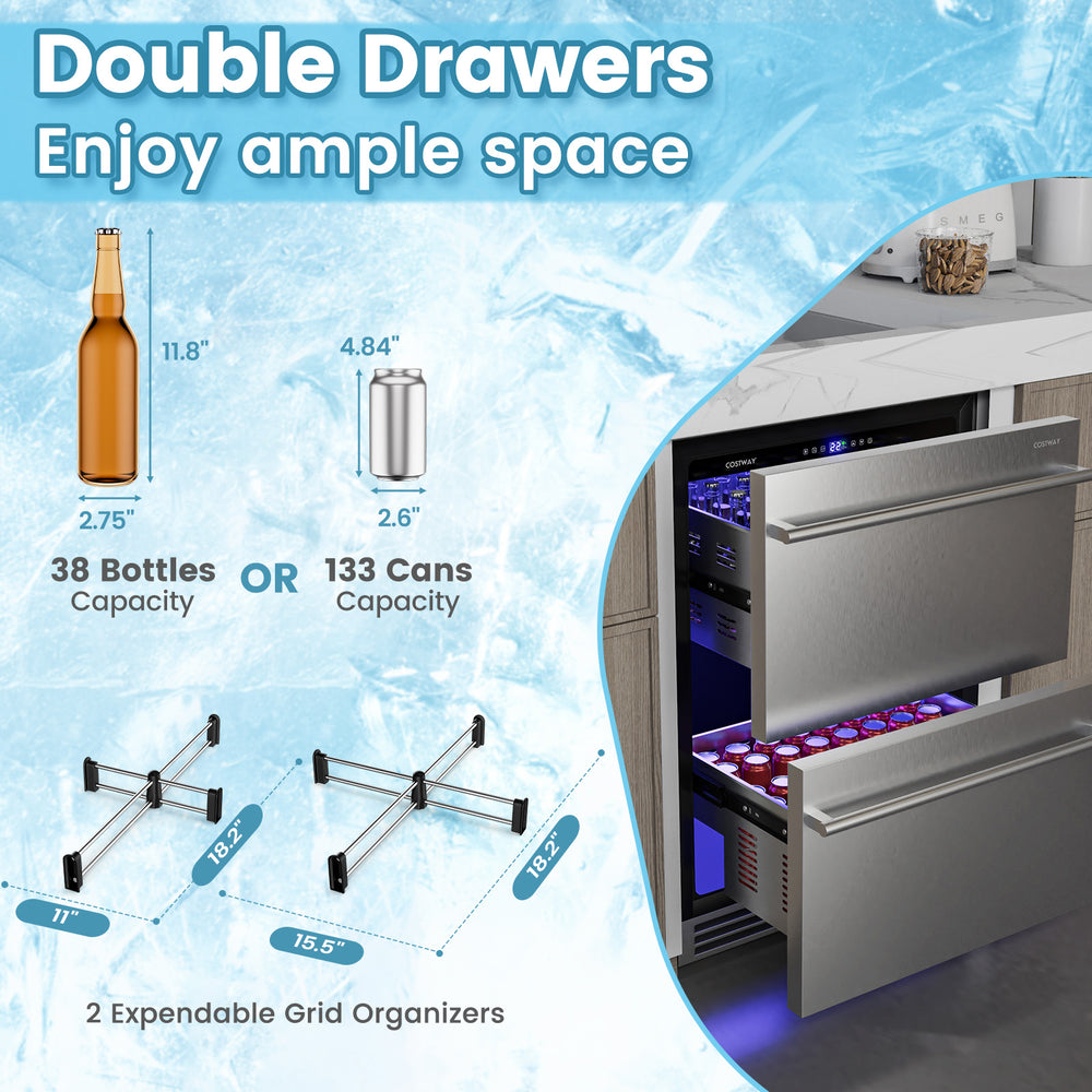 Dual drawer fridge showcasing spacious storage for 38 bottles or 133 cans, featuring silver finish and customizable.
