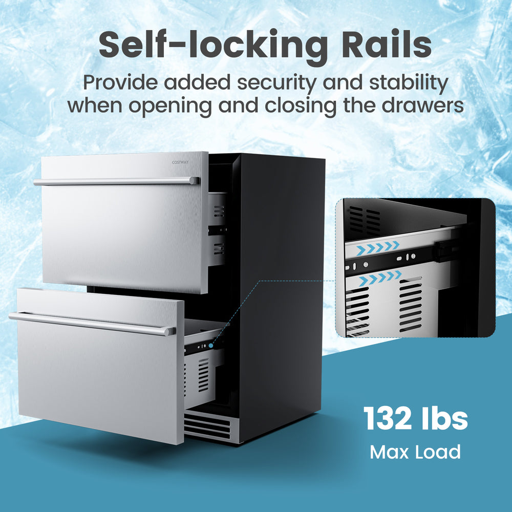 24-inch under counter dual drawer fridge with self-locking rails, silver finish, holding up to 133 cans for convenient.