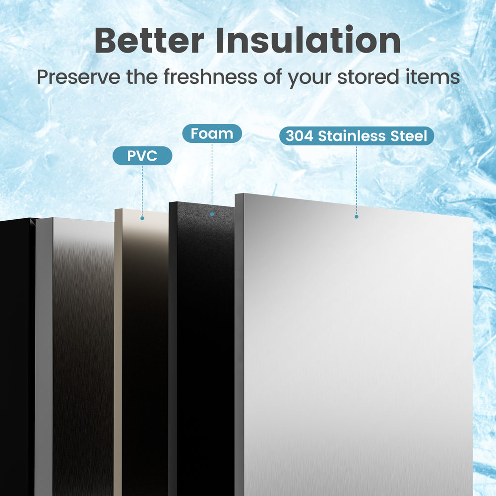 Close-up of 304 stainless steel panel showcasing the 3-layer insulation system for the 24-inch under counter fridge.