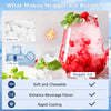 Nugget ice maker in silver with clear LCD panel, producing soft chewable ice for beverages, suitable for under counter.