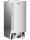Under counter nugget ice maker in silver with stainless steel finish, featuring a clear LCD panel and self-cleaning.