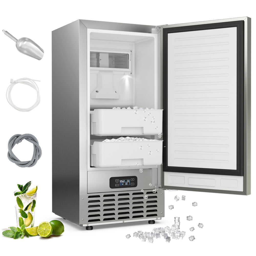 Under counter nugget ice maker in silver with dual ice baskets, self-cleaning feature, and 80 lbs daily capacity for.