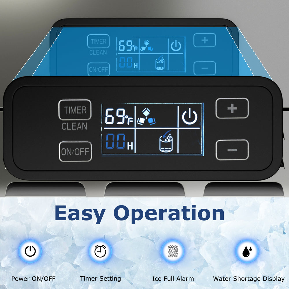 Clear LCD control panel of the Under Counter Nugget Ice Maker with timer, self-cleaning, and easy operation features.