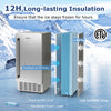 Under counter nugget ice maker in silver with 80 lbs daily capacity, featuring self-cleaning and insulated design.