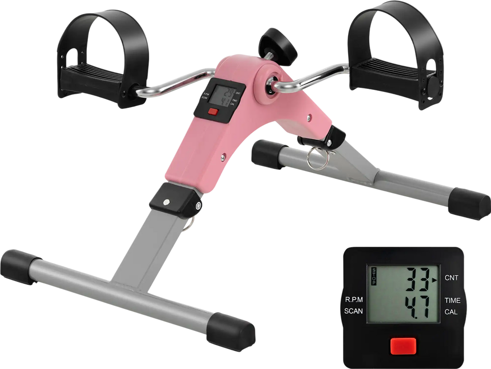 Pink under desk exercise bike pedal exerciser with LCD display for arms and legs workout, featuring adjustable.