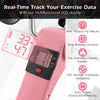 Close-up of the pink under desk exercise bike's LCD display showing RPM and calories burned for real-time workout.