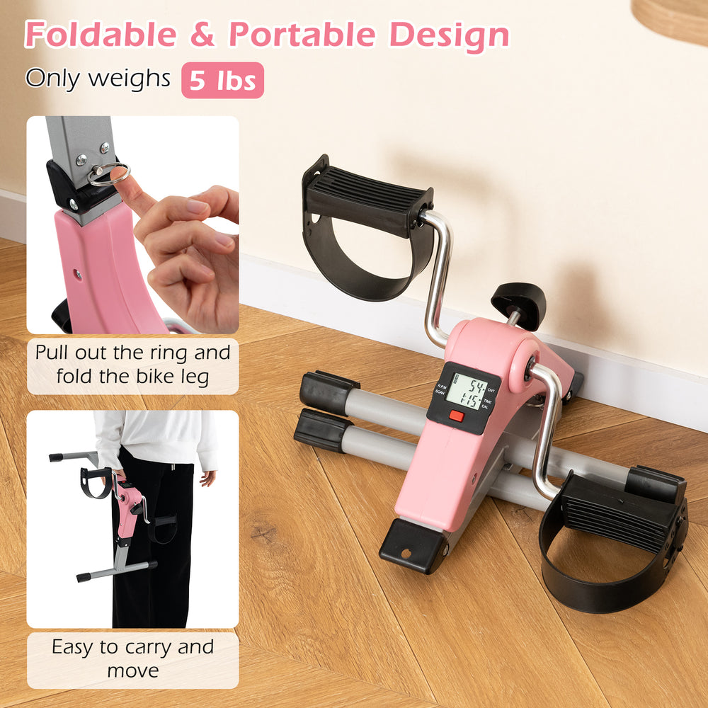 Under desk exercise bike pedal exerciser in pink, featuring LCD display, foldable design, and adjustable resistance for.