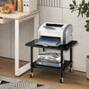 Under desk printer stand in black with wheels, featuring a storage shelf and sturdy metal frame for organized space.