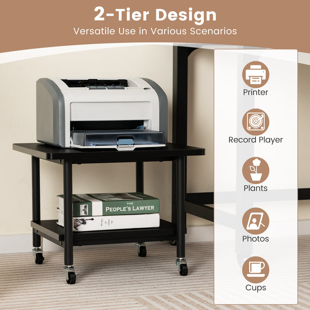 Under desk printer stand with 4 wheels, black metal frame, 2-tier design for printer and storage in versatile use.