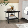 Black under desk printer stand with wheels, featuring a thick tabletop and storage shelf for organized space.