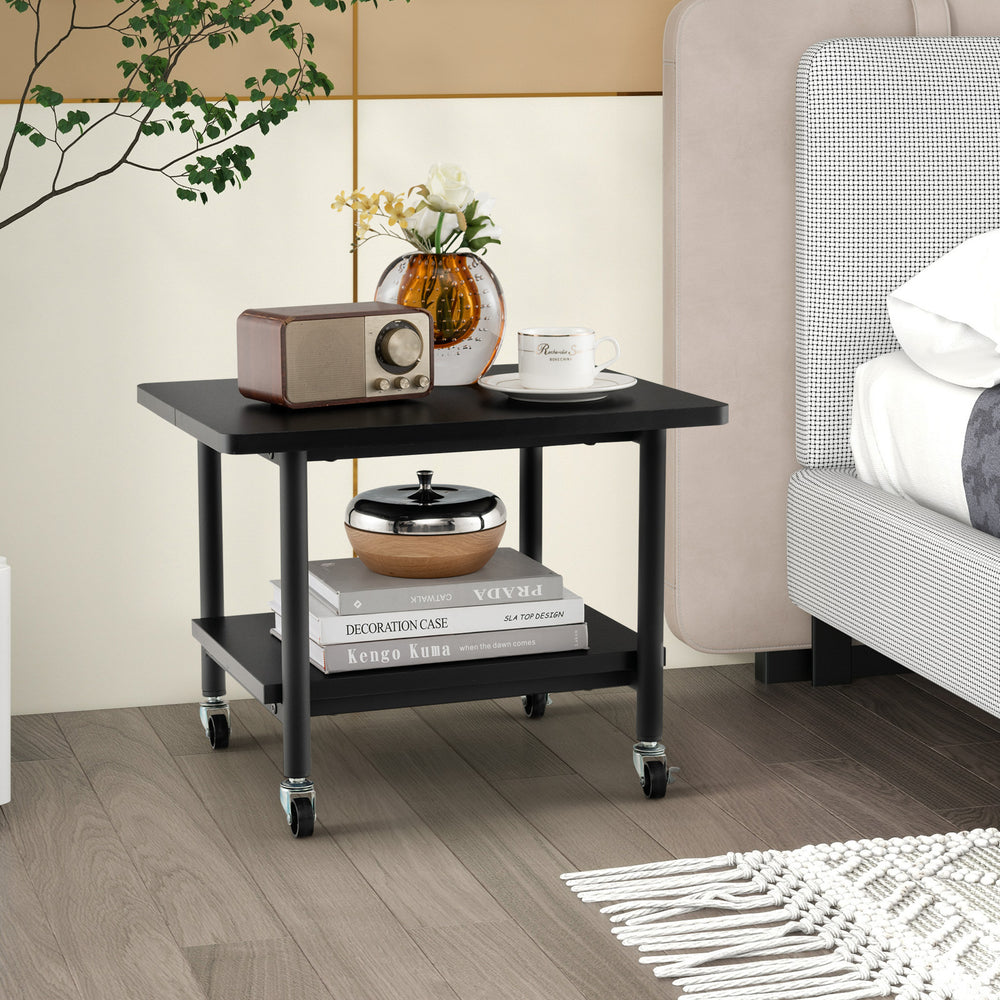 Black under desk printer stand with wheels, featuring a thick tabletop and storage shelf for organized space.