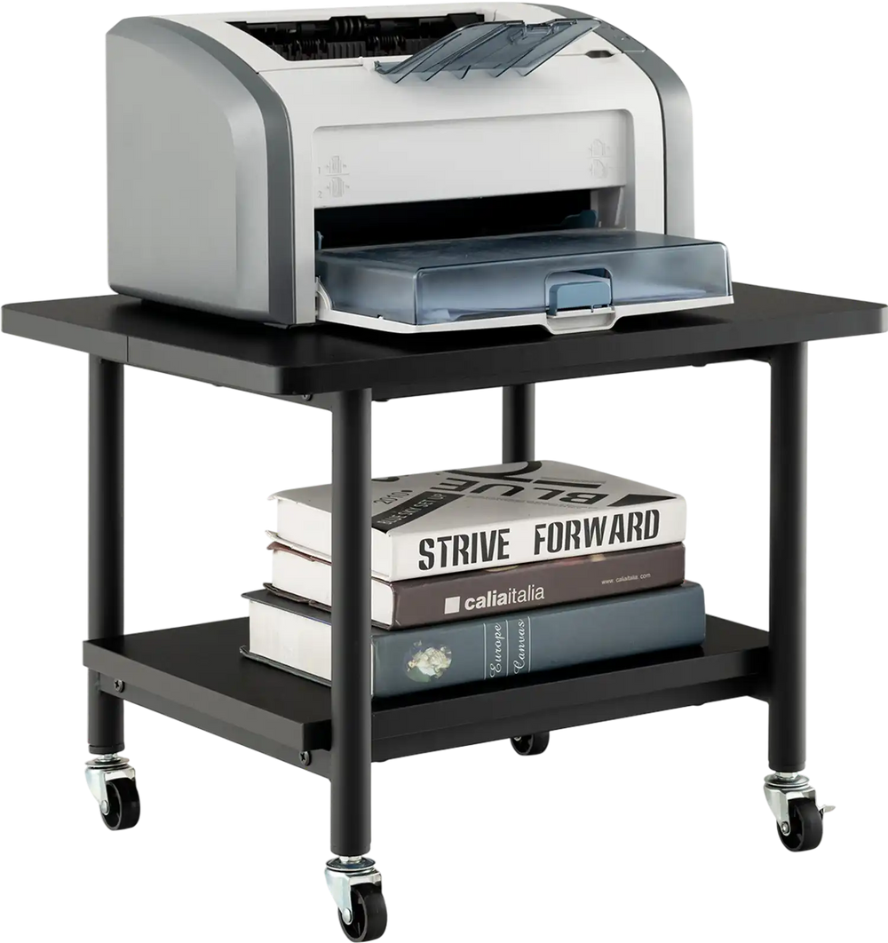 Under desk printer stand in black with wheels, featuring a storage shelf and robust metal frame for 125 lbs capacity.