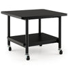 Black under desk printer stand with wheels, storage shelf, and robust metal frame for easy mobility and organization.