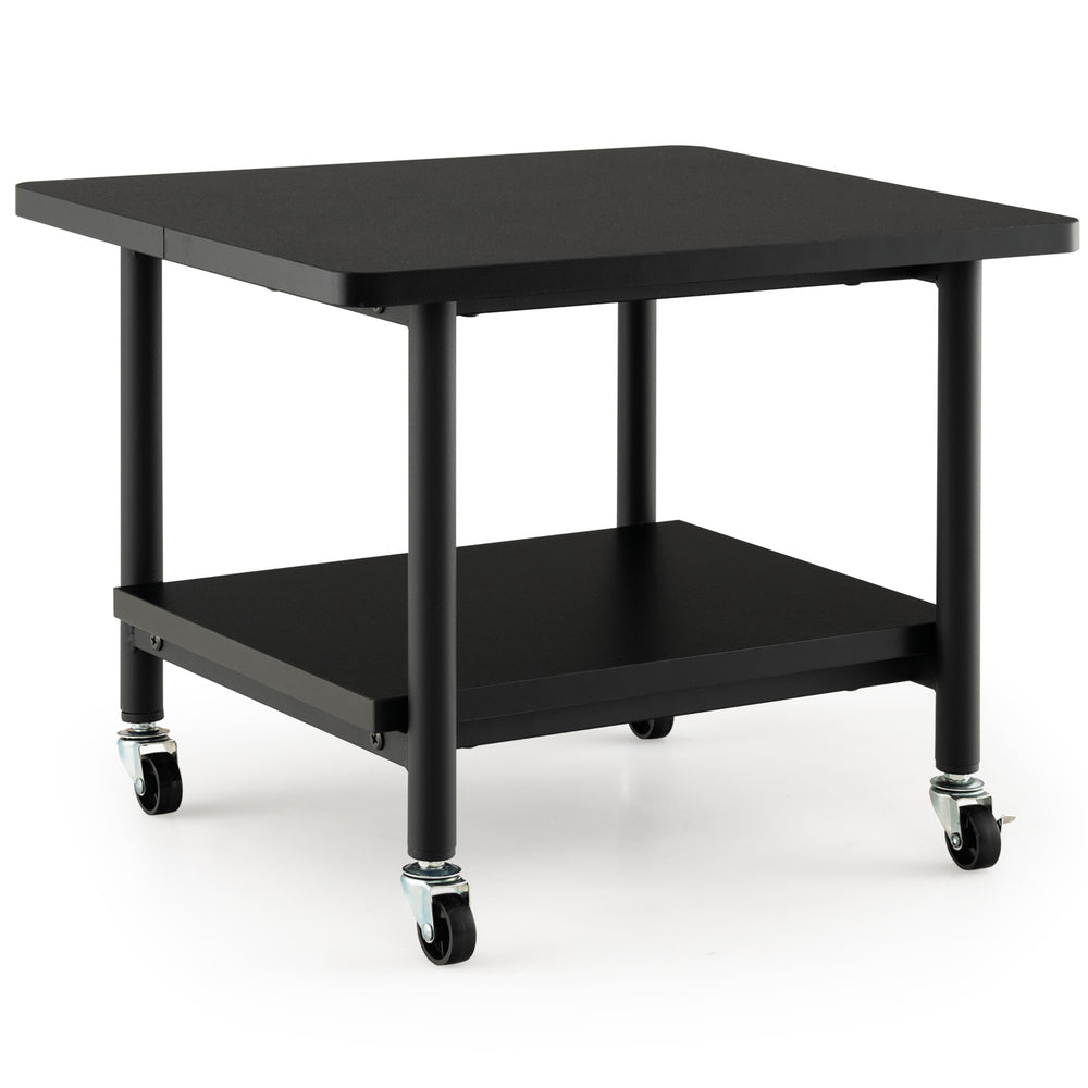 Black under desk printer stand with wheels, storage shelf, and robust metal frame for easy mobility and organization.