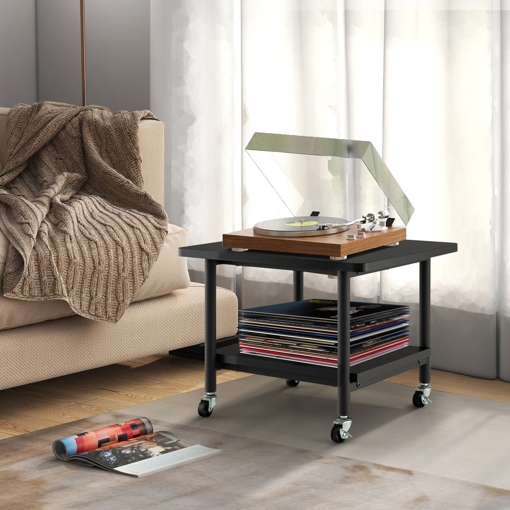 Black under desk printer stand with wheels, featuring a thick tabletop and storage shelf for organized use.