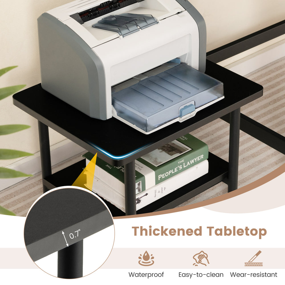 Under desk printer stand with a 0.7" thickened tabletop, black metal frame, and 4 wheels for easy mobility and.