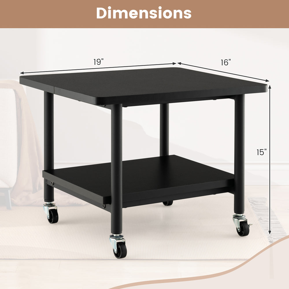 Under desk printer stand with locking wheels, featuring a 19" x 16" tabletop and storage shelf for organized space.