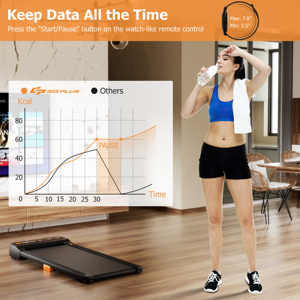 Under desk walking pad treadmill with watch-like remote control, featuring a 7-layer running belt for home or office.