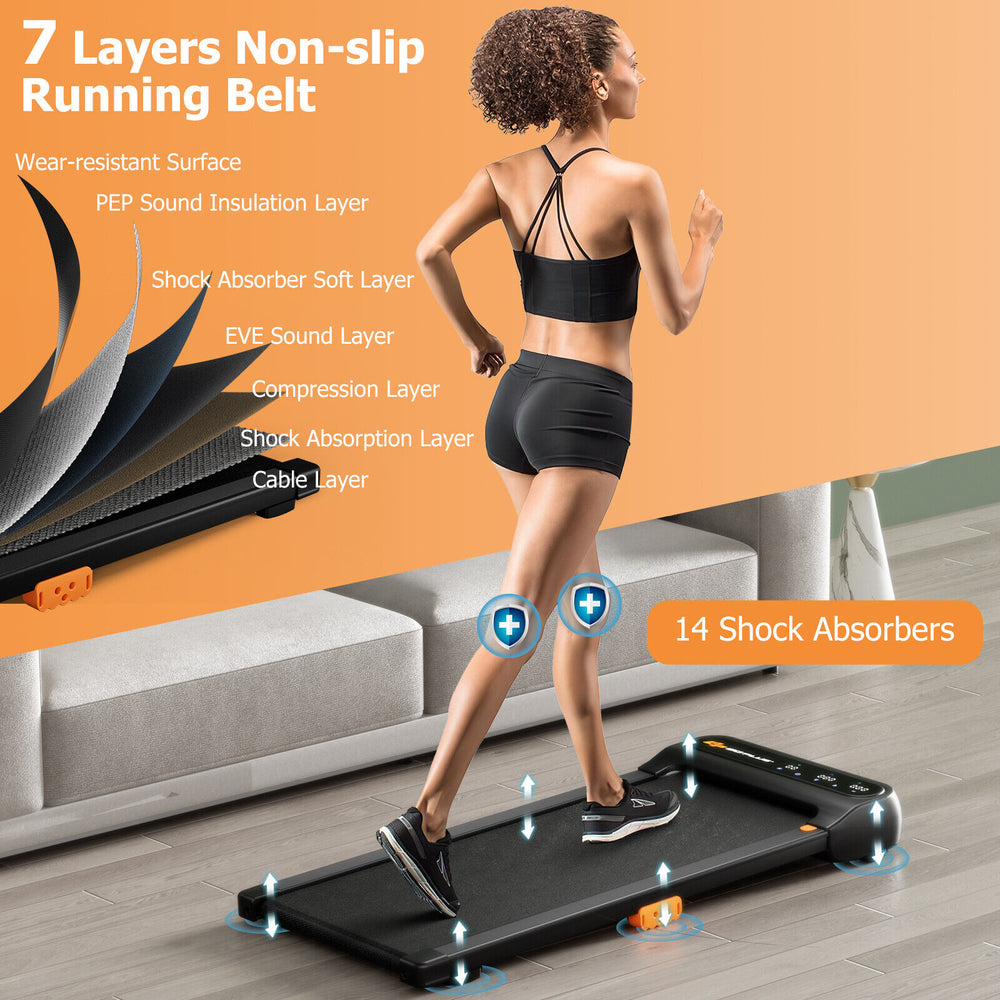 Close-up of the 7-layer non-slip running belt on the Under Desk Walking Pad Treadmill, featuring 14 shock absorbers for.