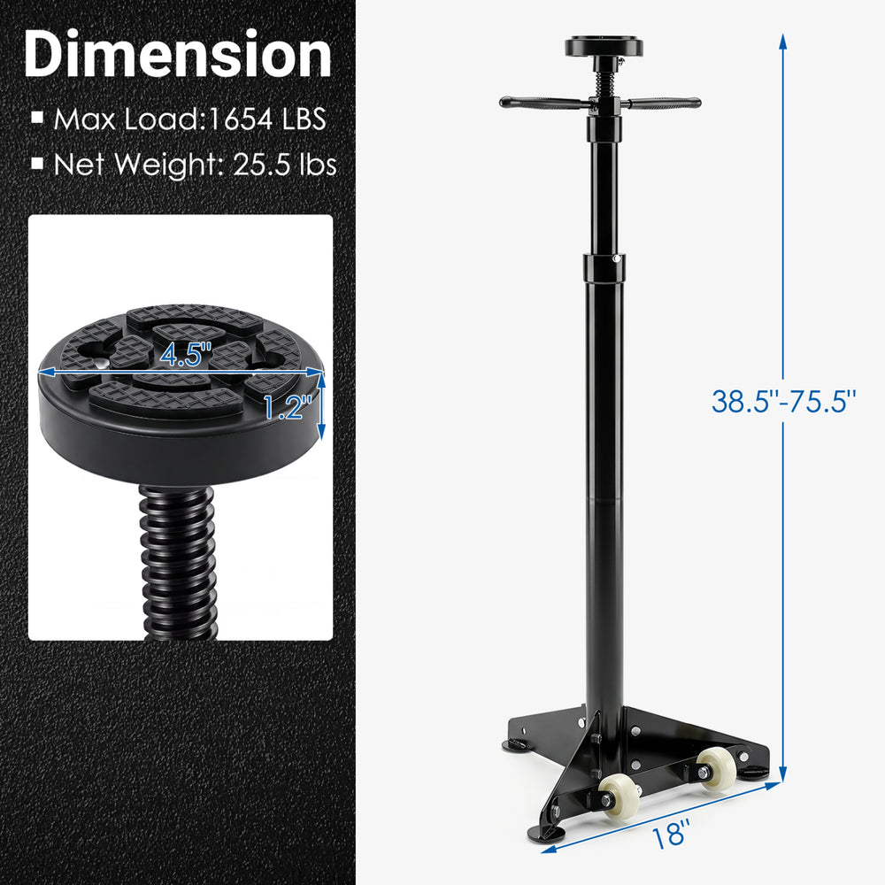Underhoist support stand in black with adjustable height from 38.5" to 75.5" and 1654 lbs load capacity for vehicle components.