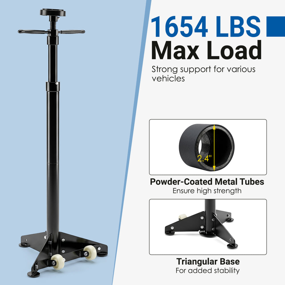 Underhoist support stand in black with a 1654 lbs load capacity, featuring a triangular base for stability and adjustable height.