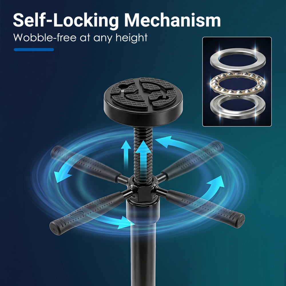 Underhoist support stand features a self-locking mechanism, adjustable height, and a triangular base for stability.
