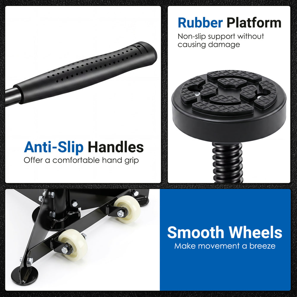 Anti-slip handles and rubber platform enhance grip and stability on this Underhoist Support Stand for vehicle components.